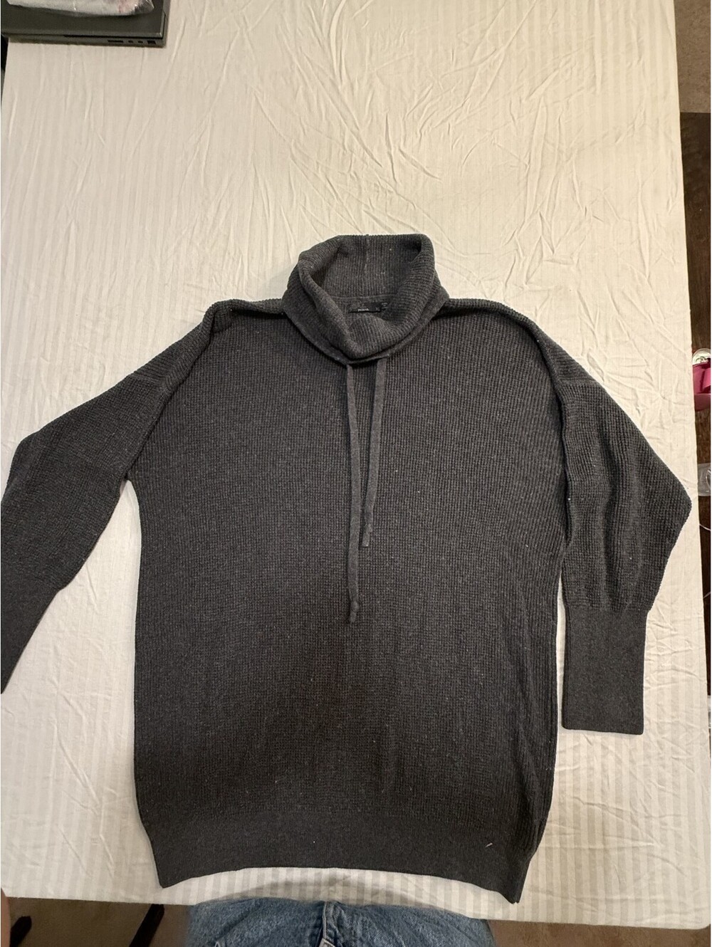 prAna Funnel Neck Drawstring Sweater Women's XL Charcoal Gray Ribbed Pullover